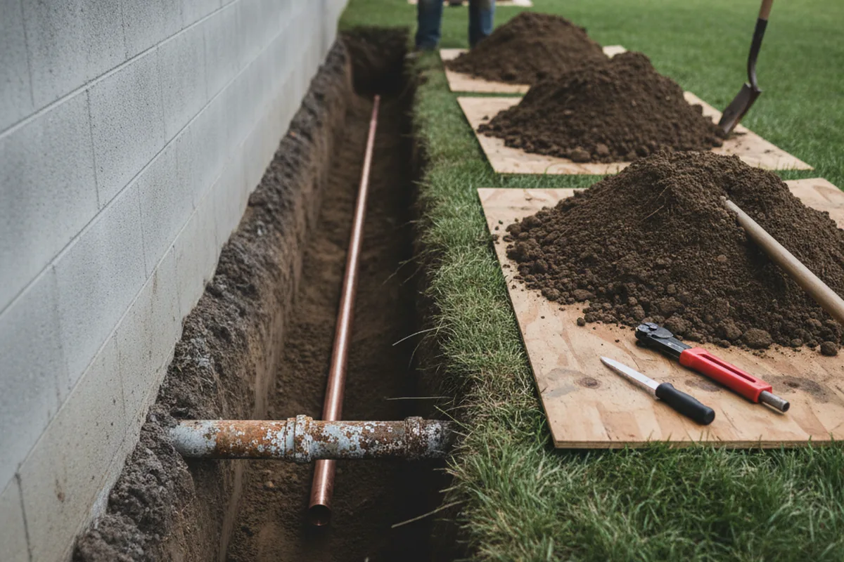 Excavated water line trench during Sewer Line Repair in Hastings